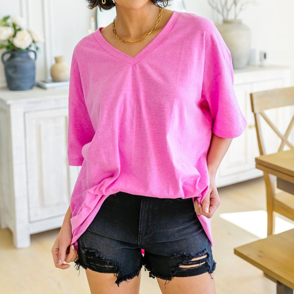 Pink V Neck Oversized Boyfriend Tee